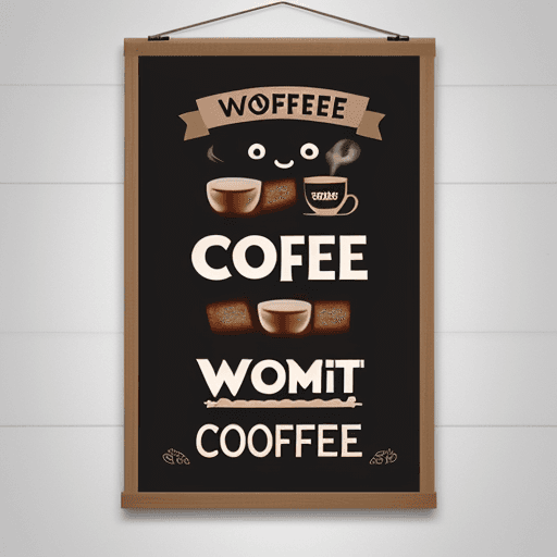 AI generated: a poster ,have a complete word"wosh coffee"for main theme, on the top, Latte and  bread for decorate...