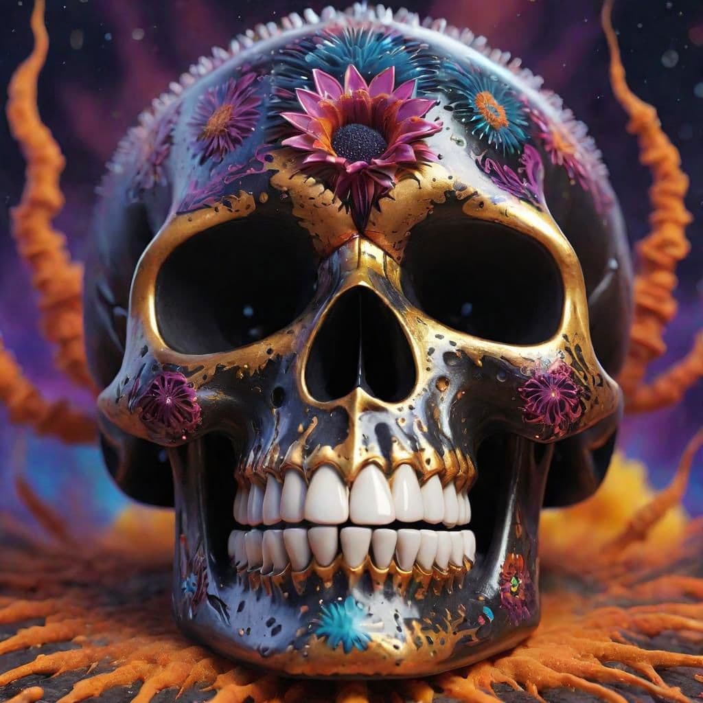 AI generated: active ferrofluid skull, dia de muertos, nebulae backgroud, lsd