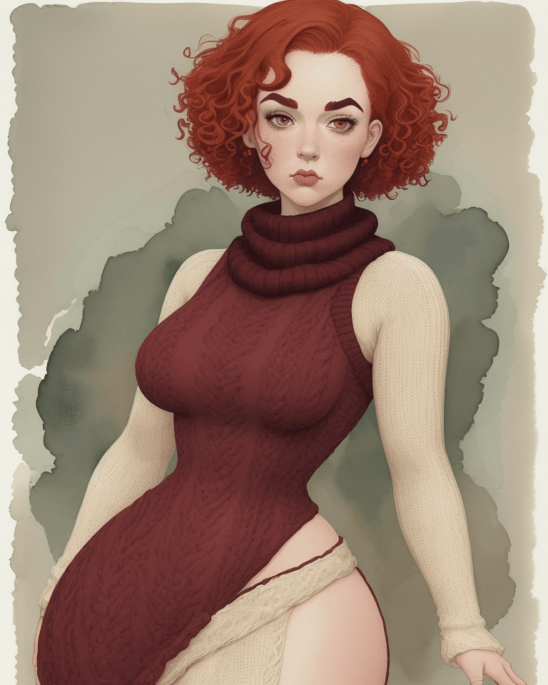 AI generated: Watercolor painting on parchment, a woman wearing large knitted cowl dress, short red curly hair, th...