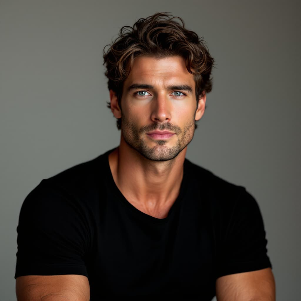 AI generated: Portrait of a 47-year-old white American man, olive-toned skin, short wavy brown hair, subtle stubbl...