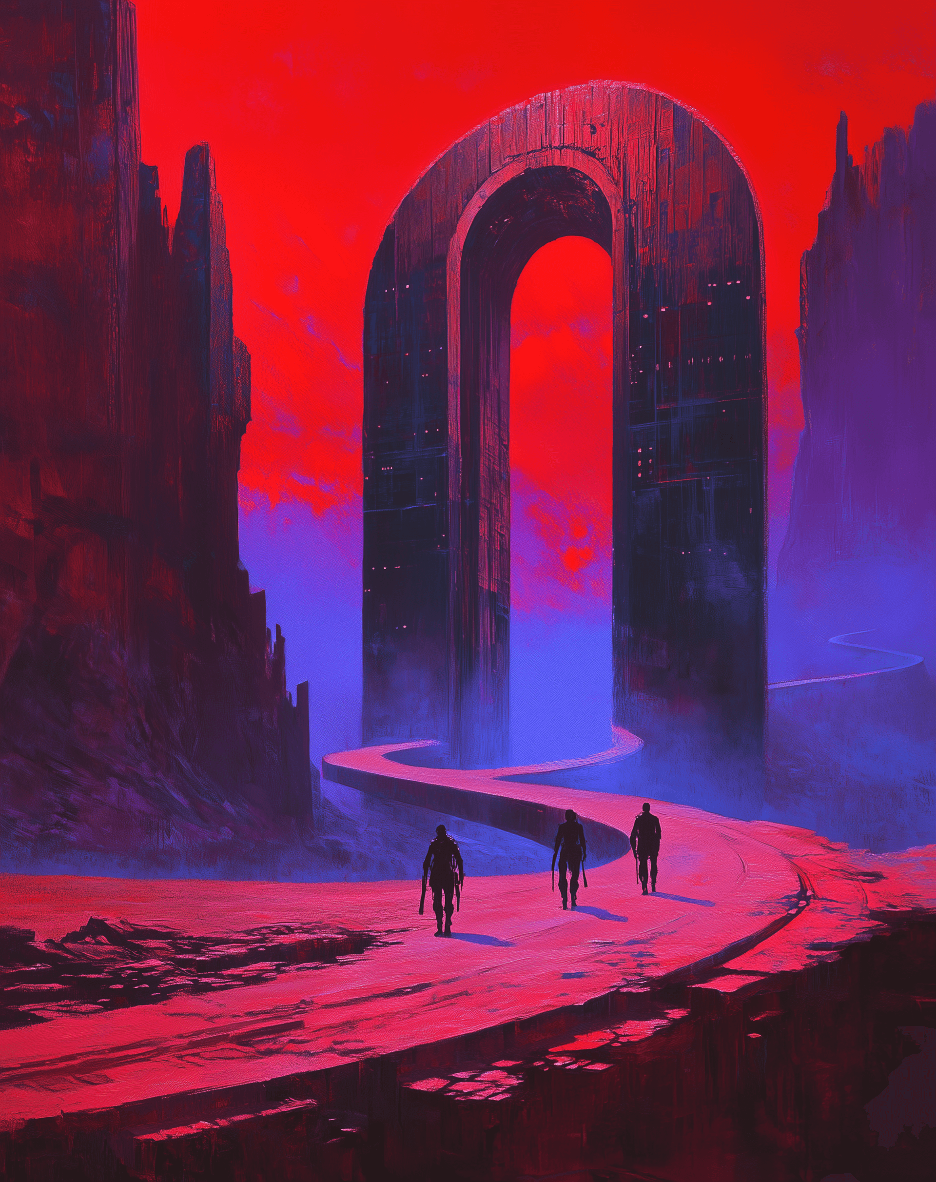 AI generated: A red background with purple and blue tones, featuring an oil painting of three people walking towar...
