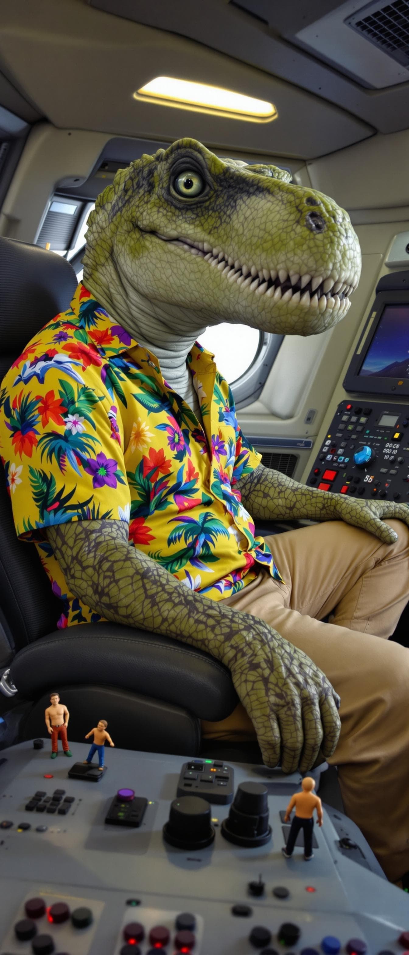 AI generated: Close-up portrait of a male dinosaur anthropomorphic with green grey skin, intelligent green eyes. H...