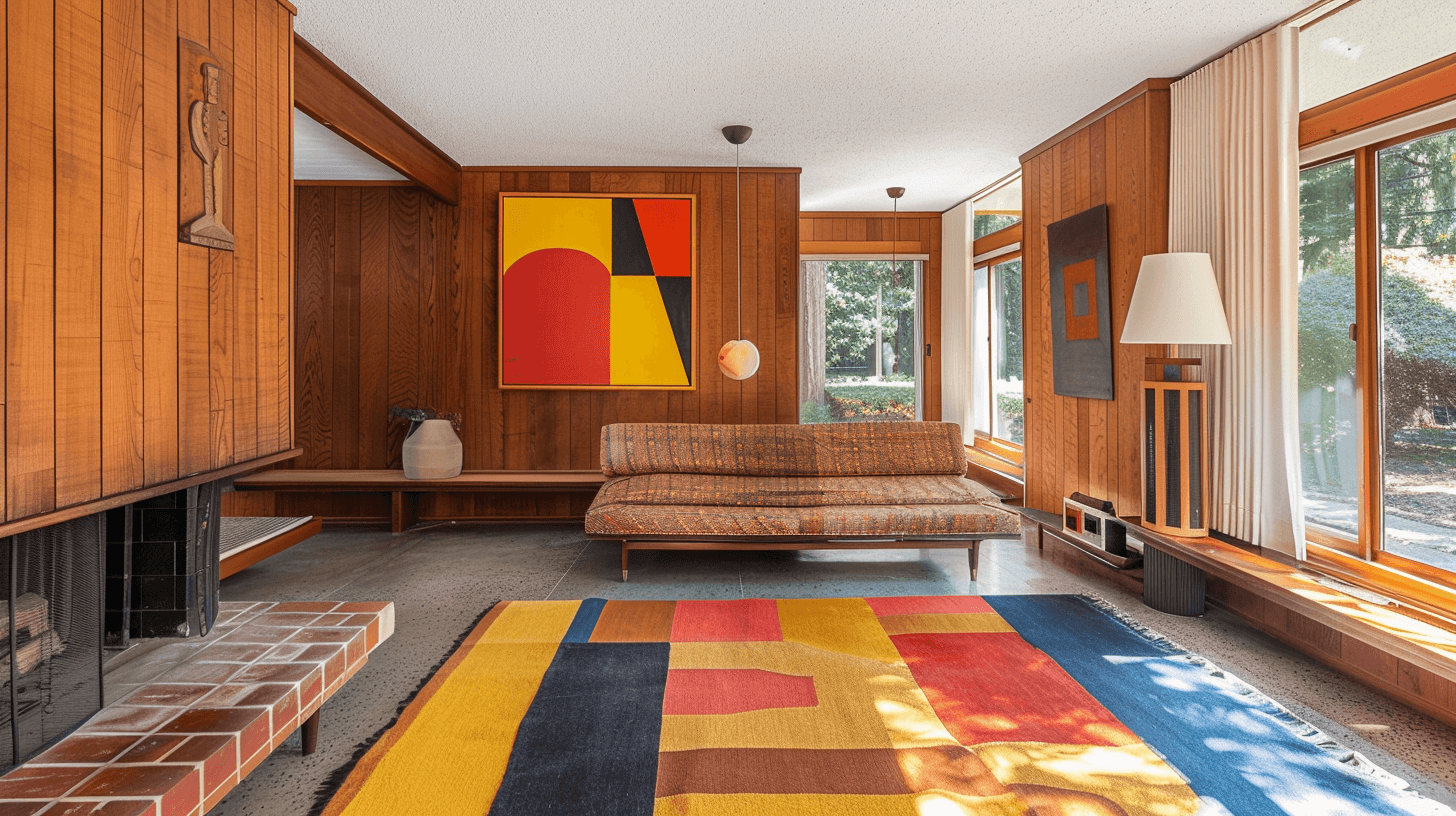 AI generated: mid-century modern living room with fireplace, wall art, sofa and colorful rug, wood paneled walls, ...