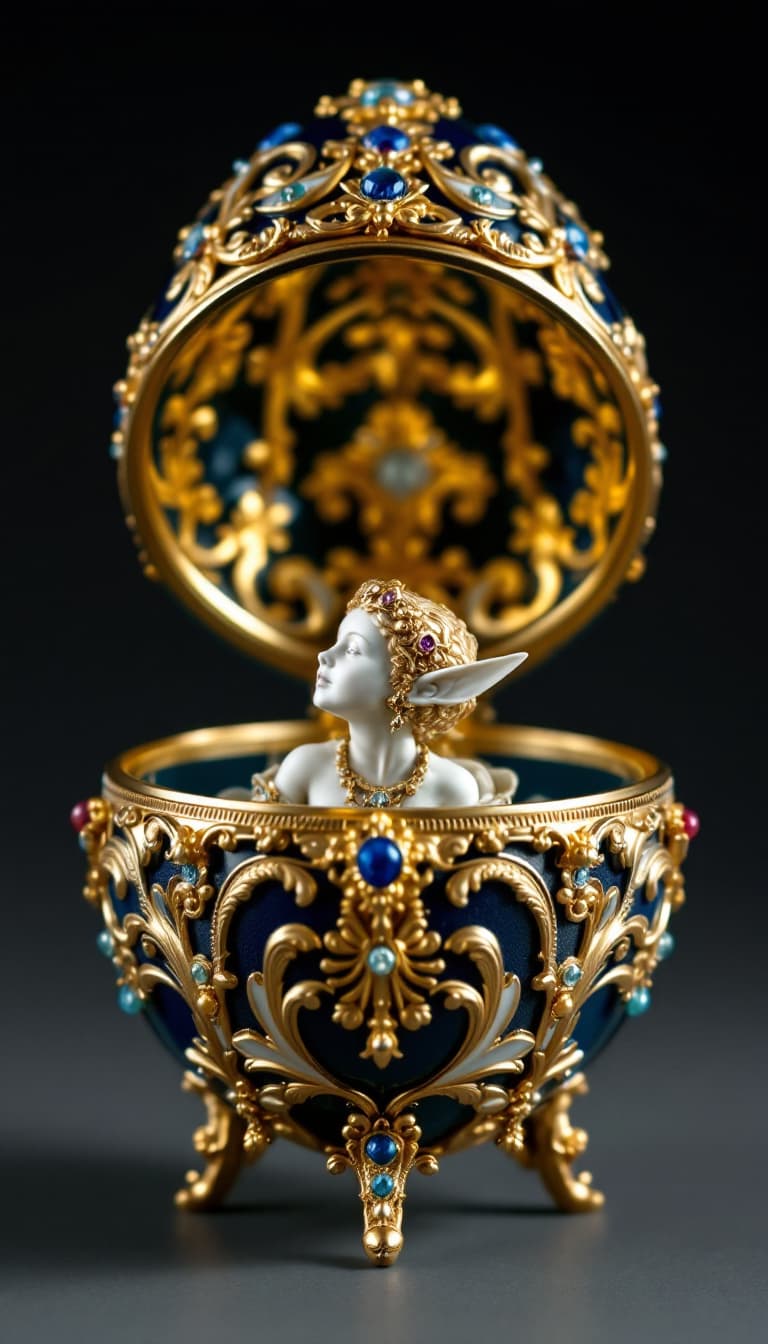 AI generated: An elegant Fabergé Egg opened, containing a golden elf figurine, in Renaissance style, adorned with ...