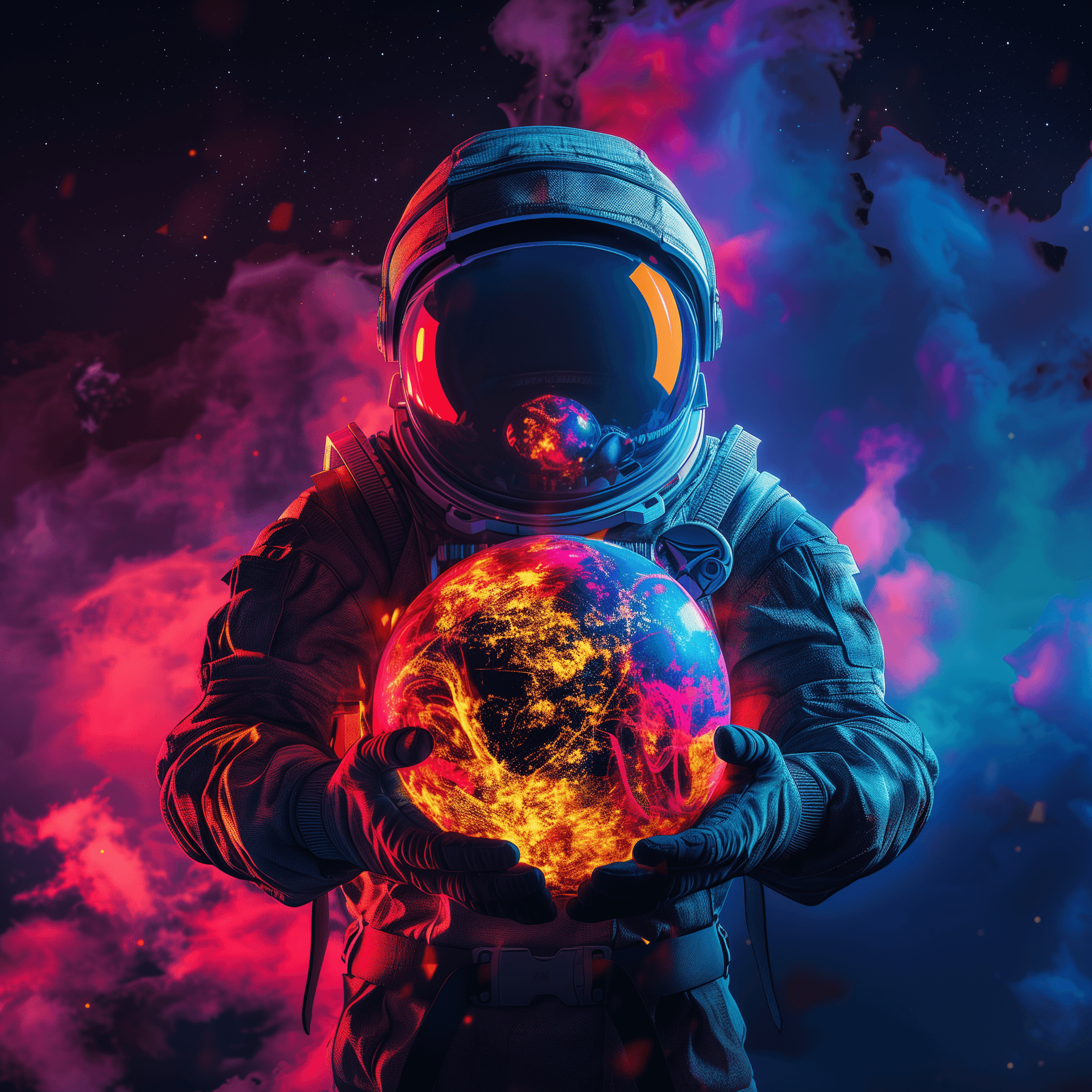 AI generated: 3D illustration of an astronaut holding the planet Earth with colorful lava inside, in the style of ...