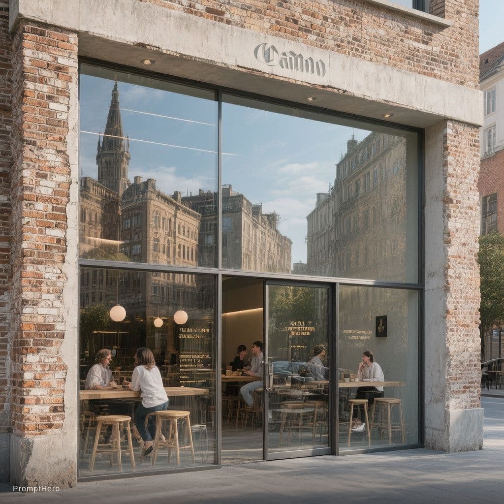 AI generated: Design a modern and minimalist cafe facade, focusing on the juxtaposition of weathered bricks and ex...