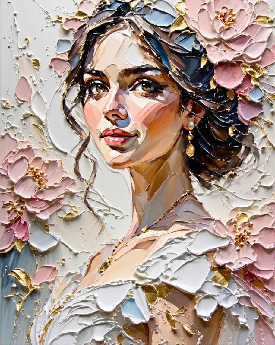 AI generated: Pintura artística a oleo de :Uma bela noiva em uma pintura a óleo exuberante, estilo impasto com pin...