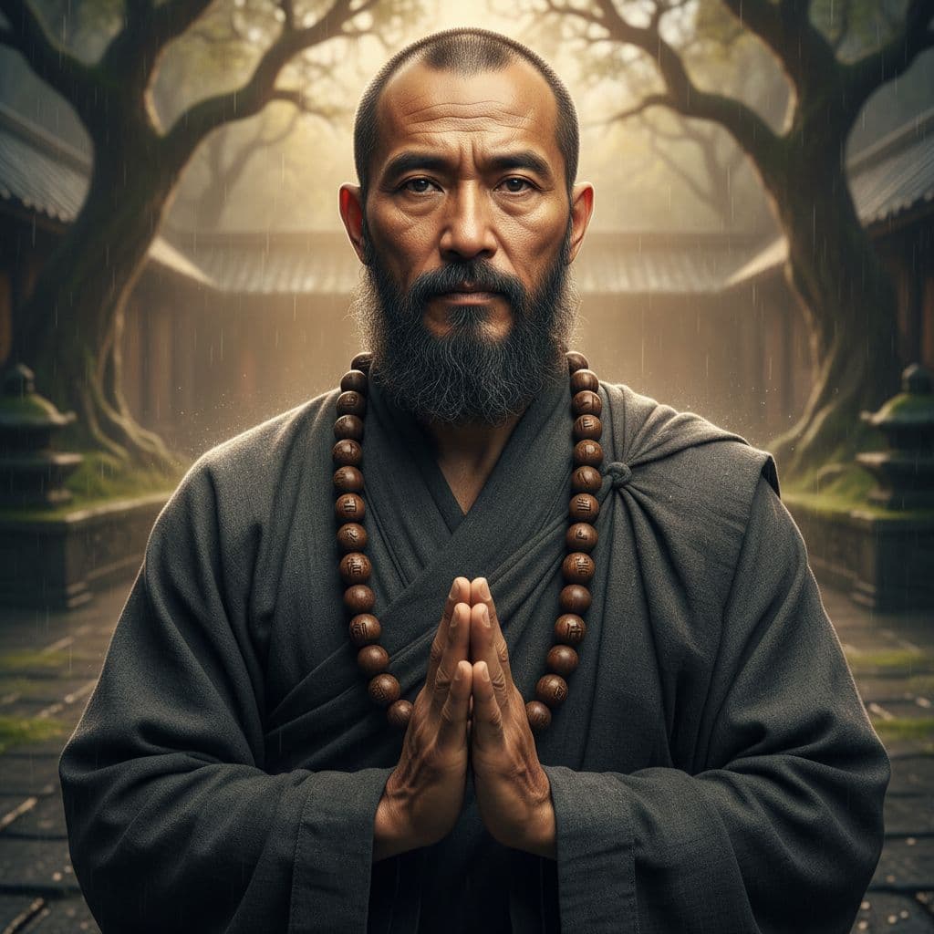 AI generated: Centered highly detail realistic portrait of Bohni Bharma aka The Black Monk, aka Da Mo