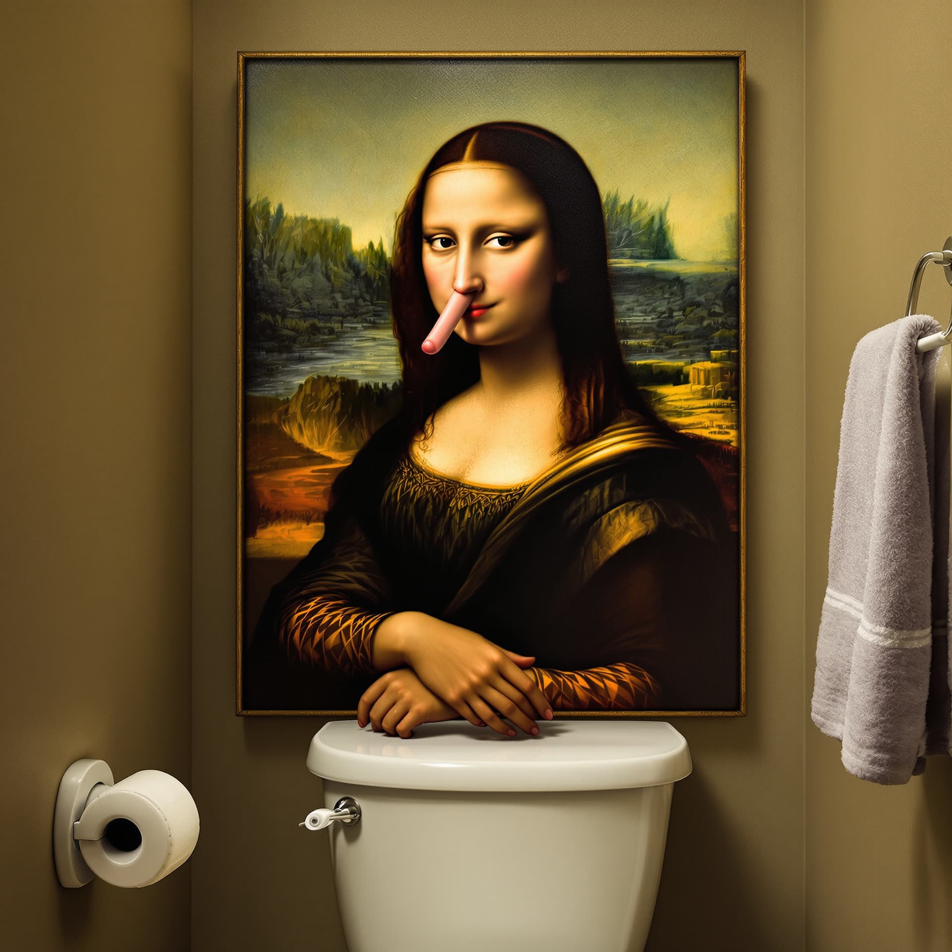 AI generated: Mona Lisa holding her NOSE An oil painting of Mona Lisa holding her nose! over the top of a toilet b...