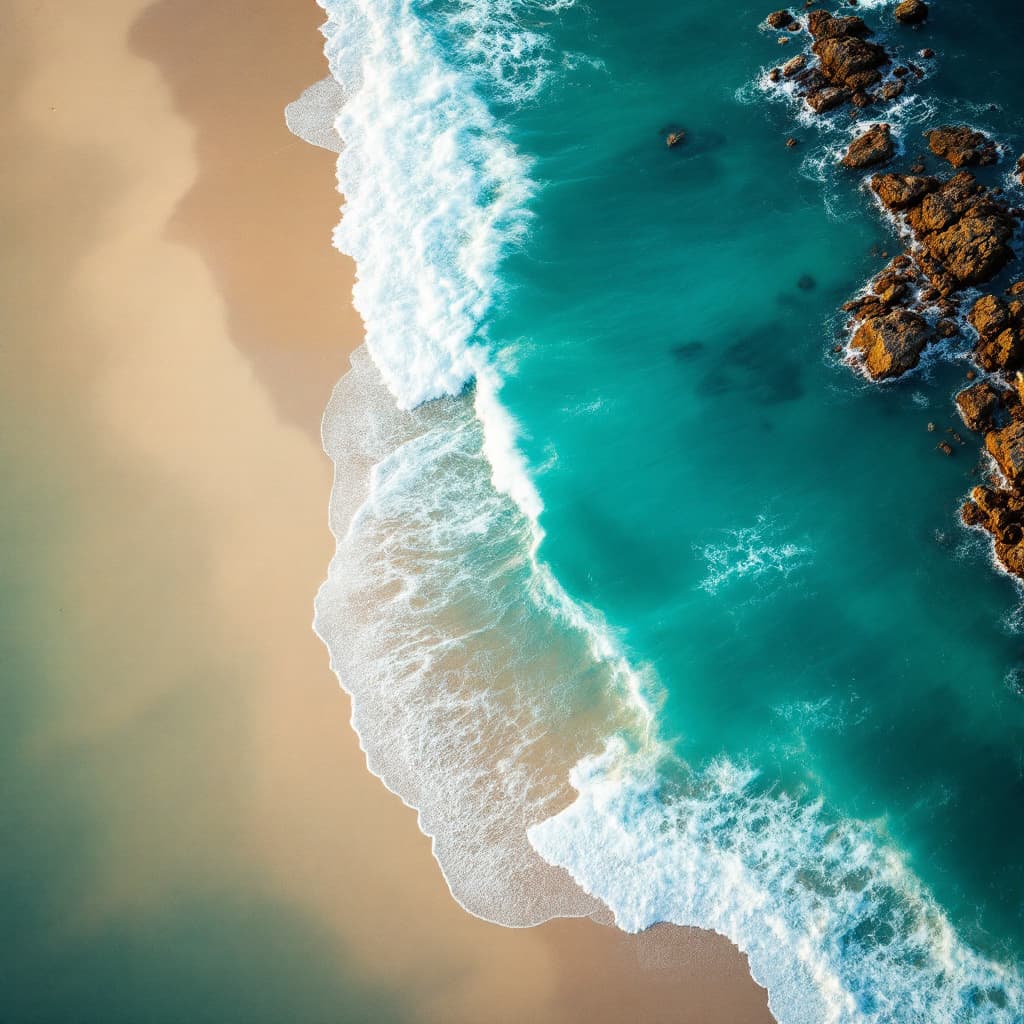 AI generated: A bird's eye view from above a sand beach  looking out over the sea, beautiful aqua marine shades of...