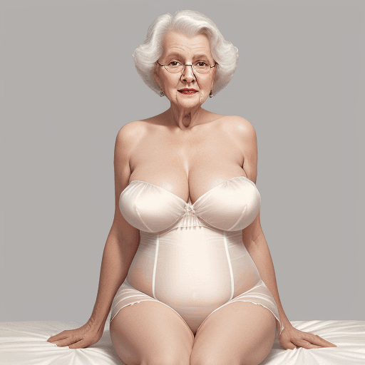 AI generated: Granny very buxom tight wide open strapless white silk nightiewith face and body flirting bare shoul...