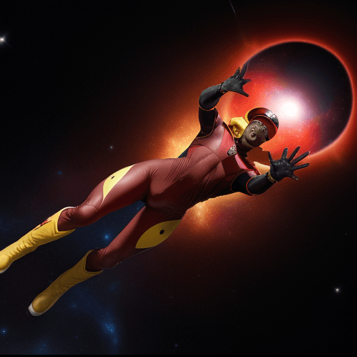 AI generated: WE ARE SEEING A black MALES IN A RED SPANDEX SUITS,WITH YELLOW GLOVES AND BOOTS , SUNGLASSES AND BAS...