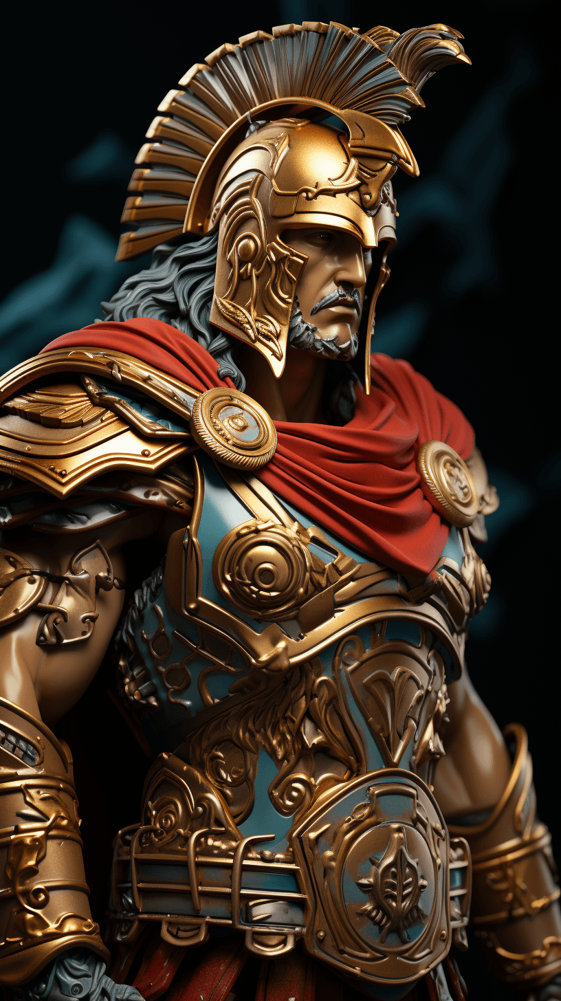 AI generated: the warrior from the sparta region holds up a shield, in the style of light gold and light crimson, ...