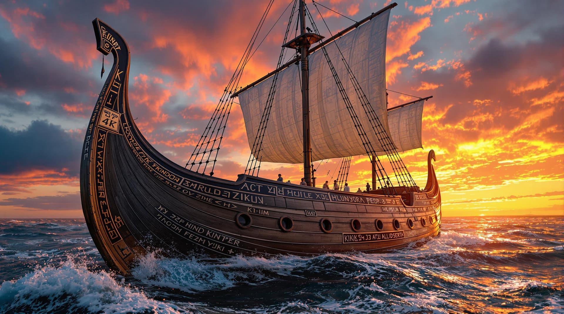 AI generated: Photo of authentic Viking ship with detailed runic inscriptions in dramatic lighting, colorful sunri...