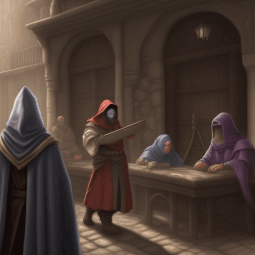 AI generated: A Merchant on a council with other members with faces hidden under hoods in a fantasy realistic styl...