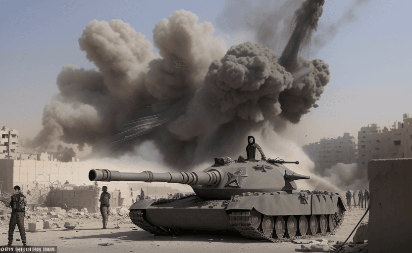 AI generated: A fierce fighter in the Ghouta of Damascus is shelling the tanks of the criminal Syrian regime with ...