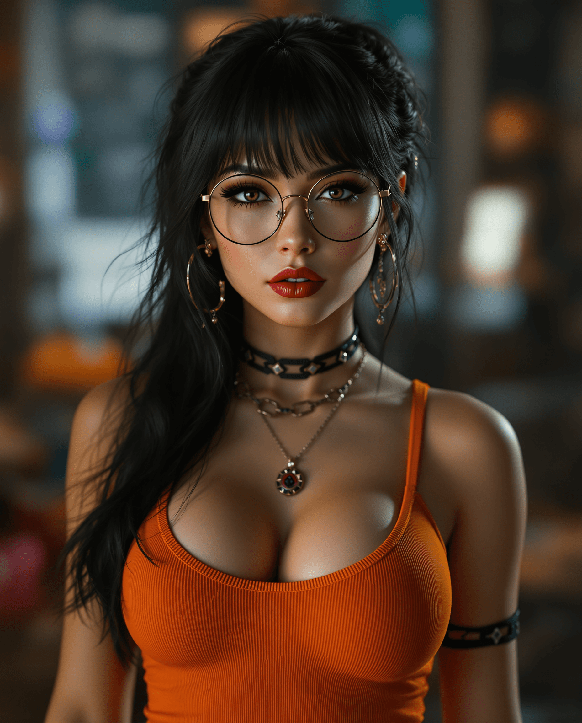 AI generated: Photo of a ultra realistic of velma from scooby-doo, very sultry look, so hot asian mother, beautifu...