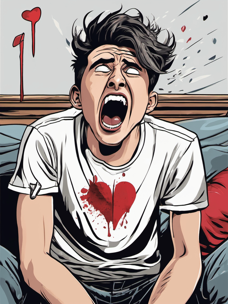 AI generated: satirical illustration of a 22yo guy on the floor, screaming from emotional pain, broken heart, dram...