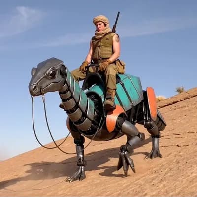 AI generated video: A lone desert scout riding a robotic reptile-like pack mount up a rocky slope under a wide open sky,...