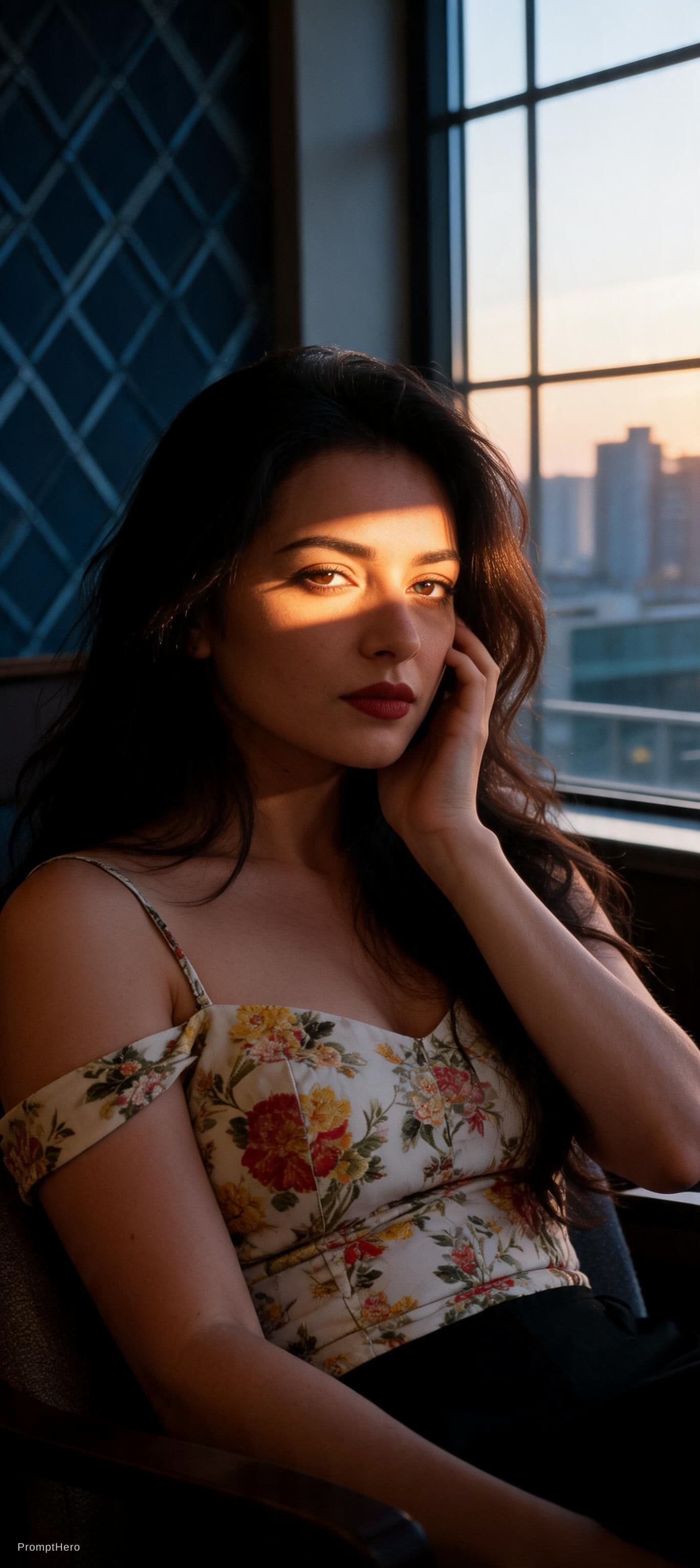 AI generated: A cinematic photorealistic boudoir portrait of a beautiful Asian woman kneeling on a bed. She is wea...
