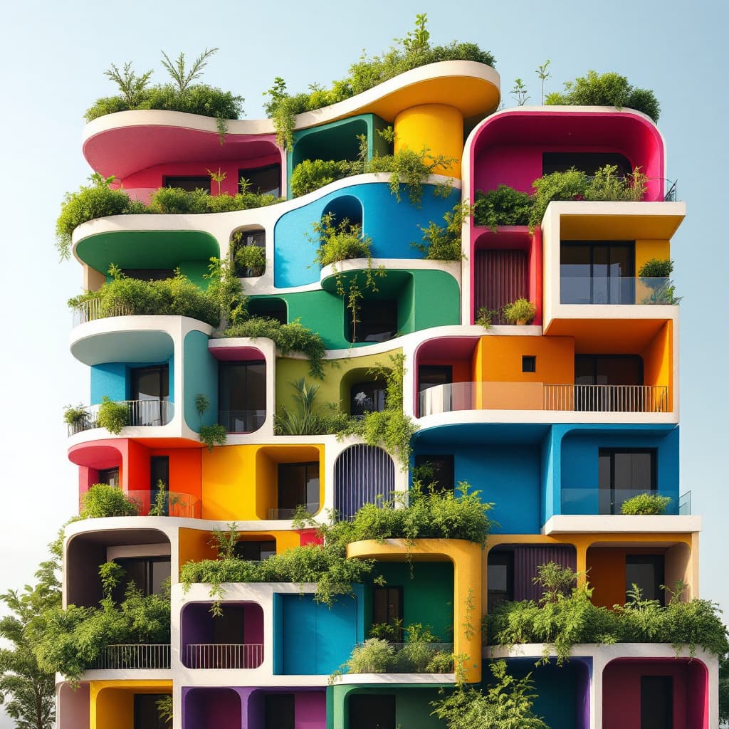 AI generated: An athenian block of buildings in Greece where there are vertical and horizontal coloured panels for...