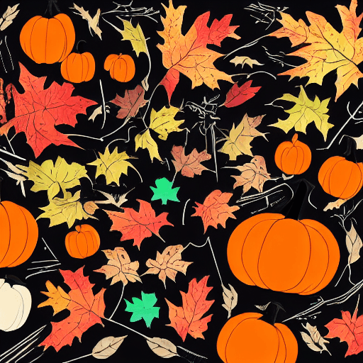 AI generated: illustration art, series of simple, colorful, thanksgiving, pumpkins, maples, exaggerated, solid-bla...