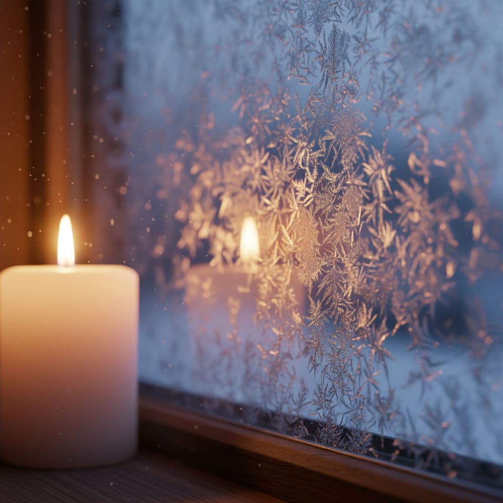 AI generated: "Warm candle glow on frosted window, cinematic 3D lighting, cozy atmosphere"