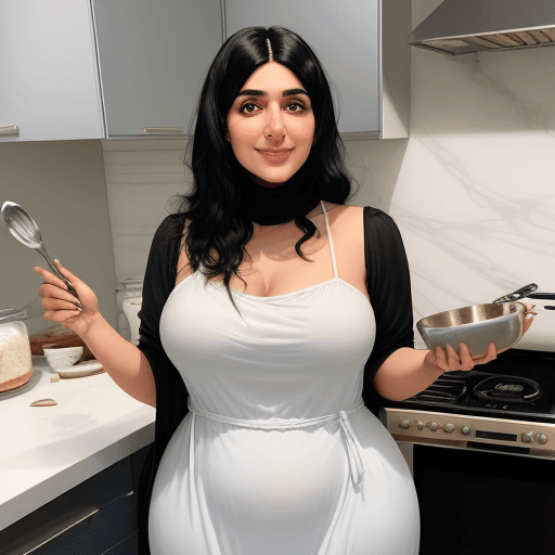 AI generated: "A 30-year-old arab woman with black hair, standing confidently in a modern kitchen. She is wearing ...