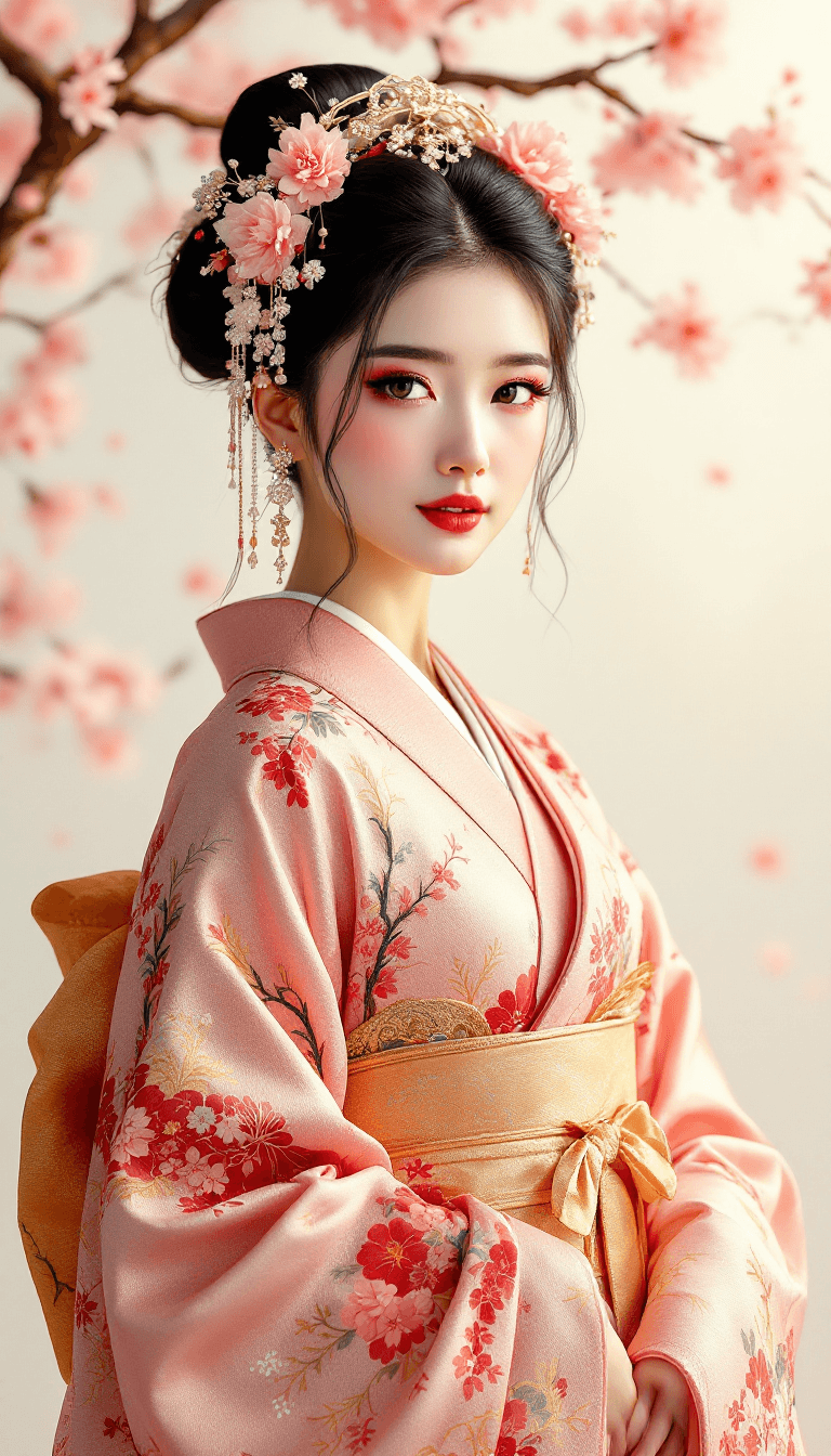 AI generated: A stunning portrait of an elegant young woman in a traditional Japanese kimono, standing against a s...