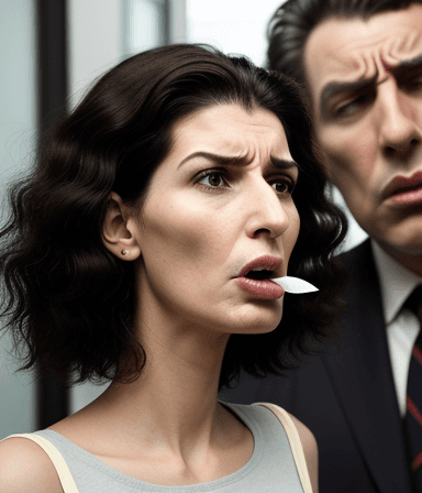 AI generated: tall woman with a big nose and short hair stands frowning with a man with long curly hair and a very...