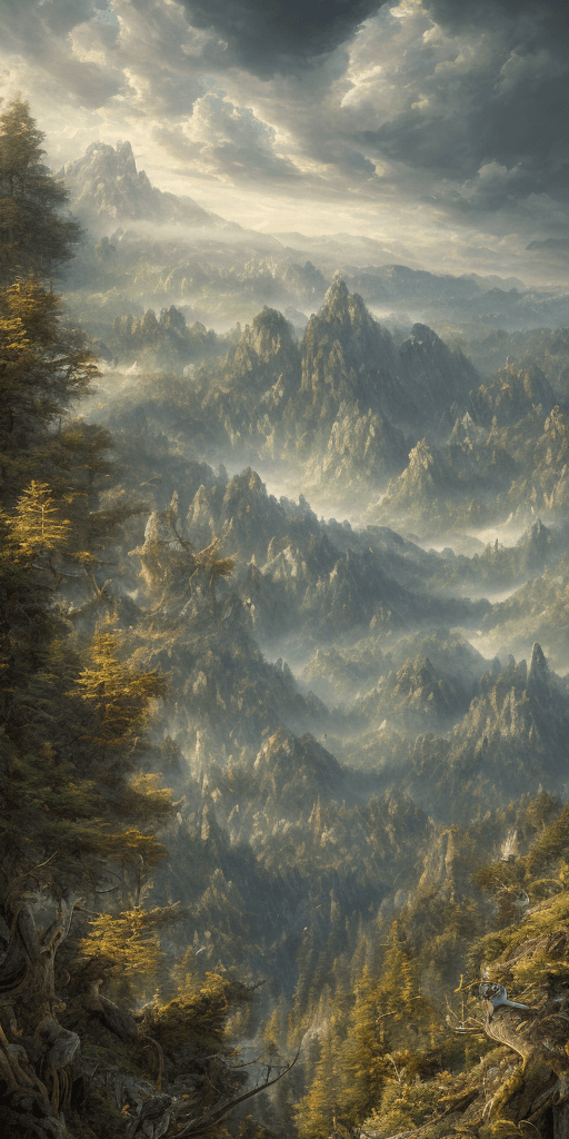 AI generated: view of a valley from the top of a mountain, spring, pine forest, clouds, fantasy, digital art, phot...