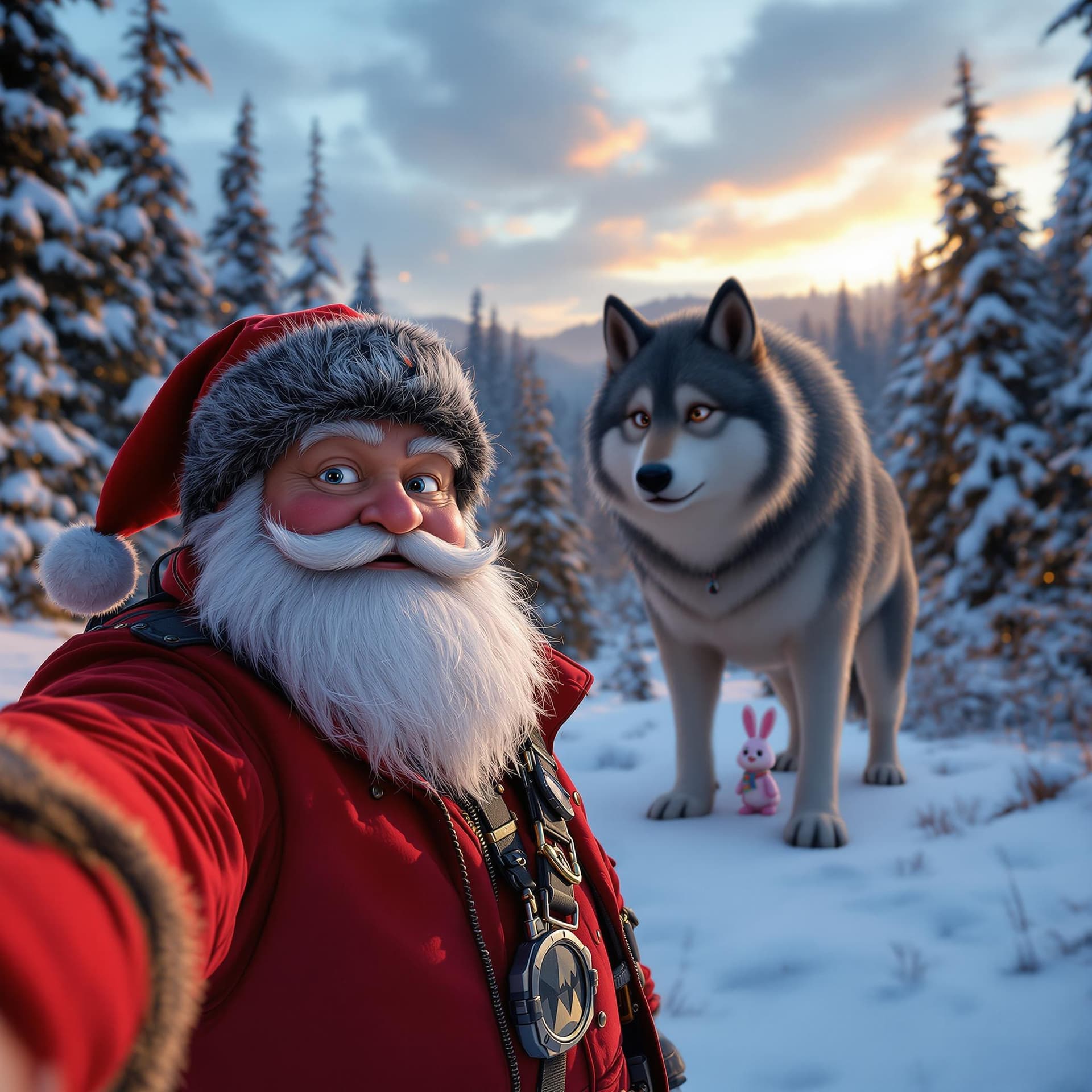 AI generated: In the winter forest, there is an field with bunny and huge wolf standing on it. Animated Santa Clau...