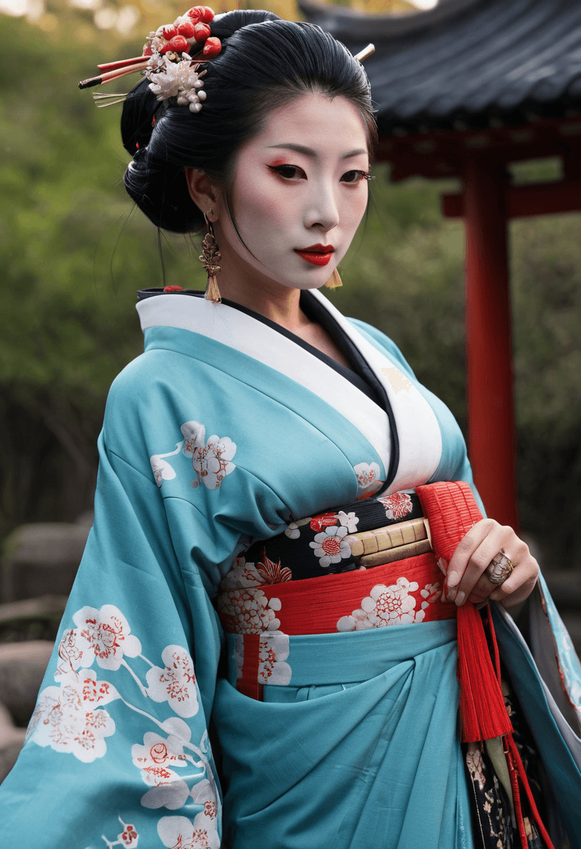 AI generated: traditional geisha, flowing fabric, intricate jewelry, portrait, outdoor setting, highres, realistic