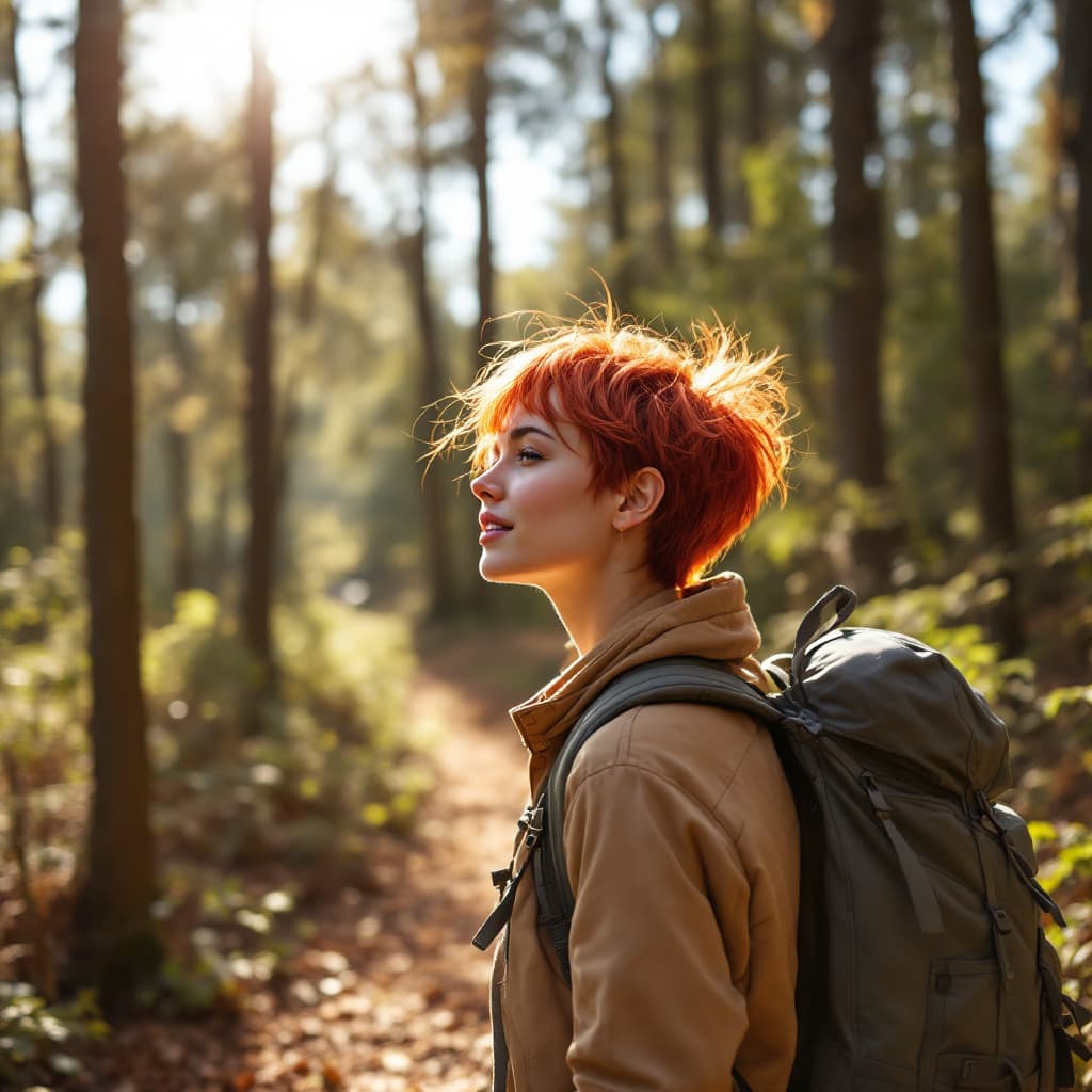 AI generated: Real photo of Instagram influencer girl with very short bright red hair going for a hike in the wood...