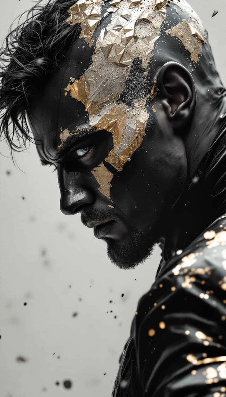 AI generated: a man in black with silver paint covering him, in the style of dark gold and bronze, comic art, futu...