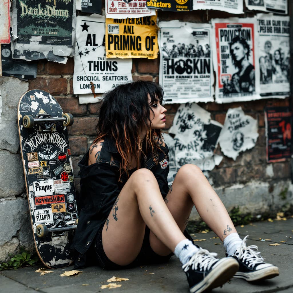 AI generated: london punk female , wearing skateshoes , sitting on ground with back against wall, a pro skateboard...