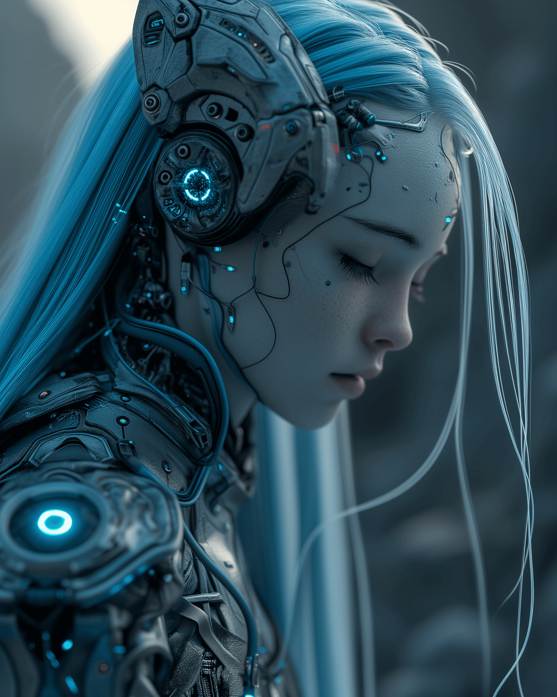 AI generated: Elf Galadriel dressed in a robot outfit in the dark and having a earphone, in the style of daz3d, an...