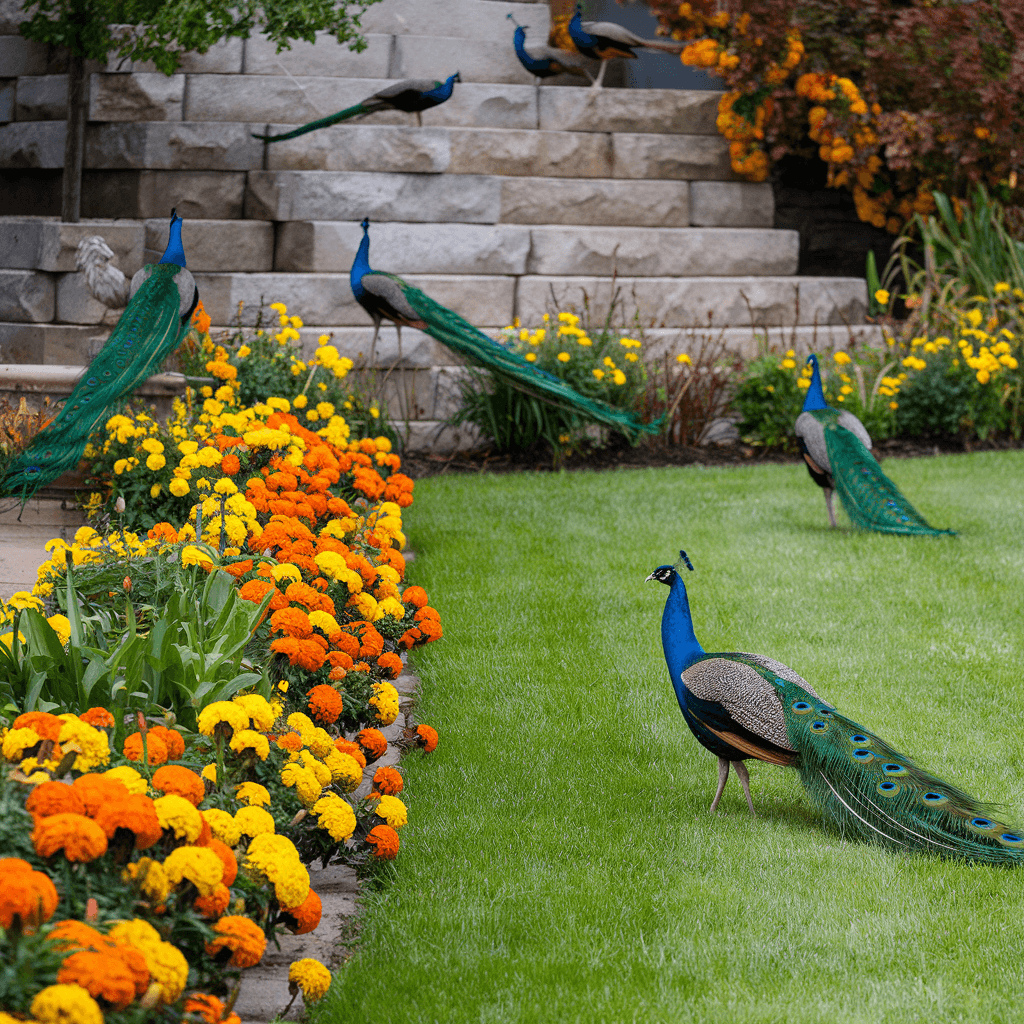 AI generated: A beautiful landscaped yard of several peacocks