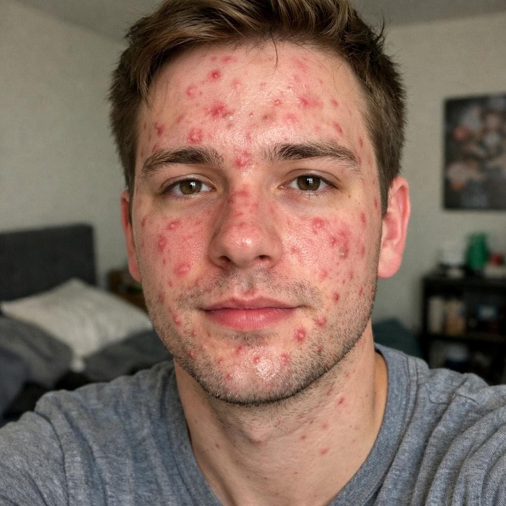 AI generated: a man with acne, selfie