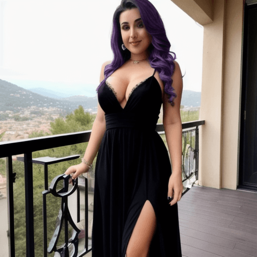 AI generated: a beaty  girl with purple hair in black dress stands in balcony in the night in her hand is viski an...