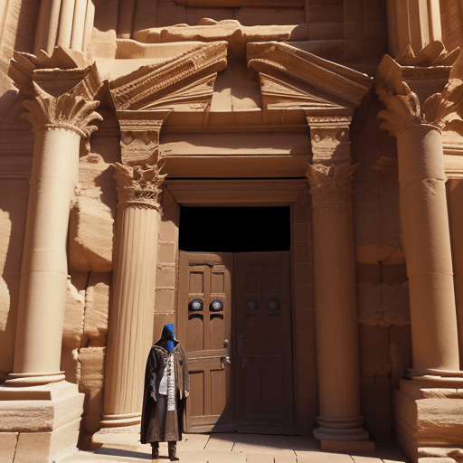 AI generated: A hooded adventurer stands in front of a large and ancient closed door covered in worn runes, and ma...
