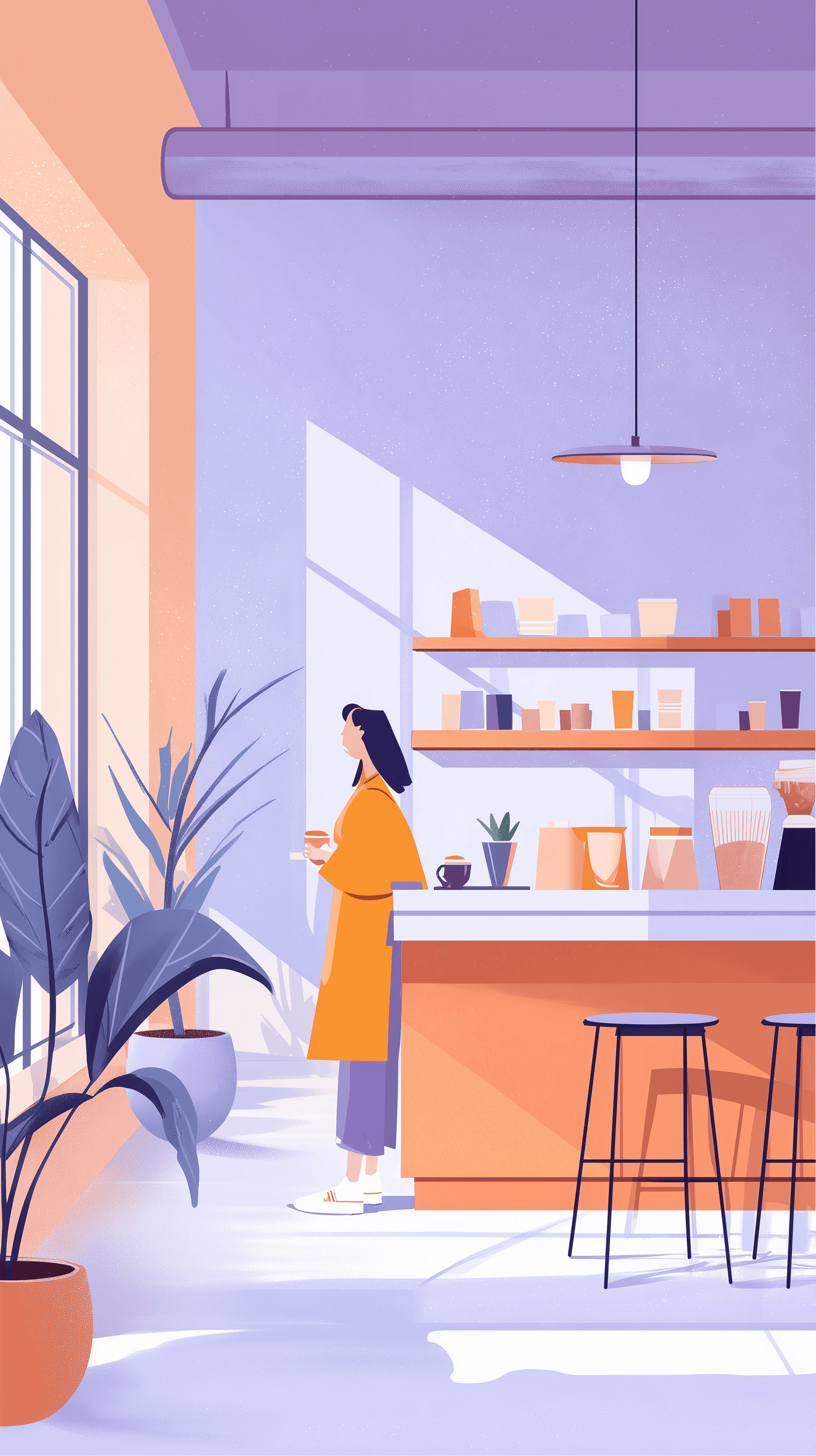 AI generated: illustration, commercial cafe, inspired by minimalist, alignment of lines, pastel purple and orange ...