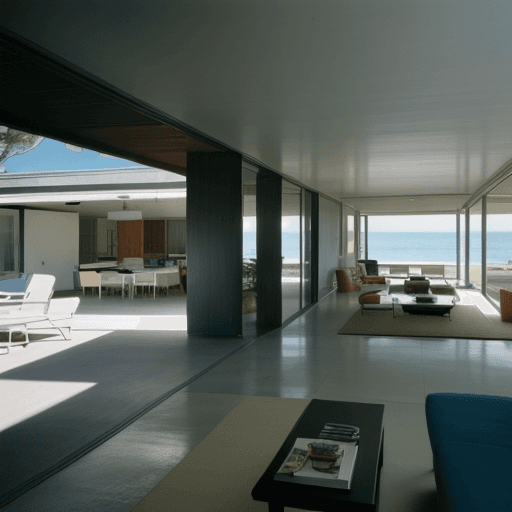 AI generated: Hyper realistic eye level exterior photo of a mid century modern style house overlooking the ocean, ...