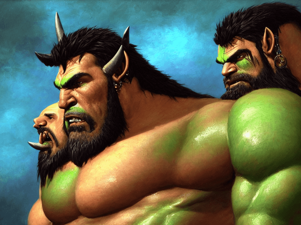 AI generated: Side view of light green tattooed, muscled sweaty shirtless half - orc barbarian champion with a ful...