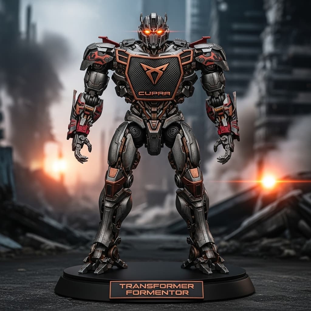 AI generated: A hyper-realistic collectible action figure of a Transformer robot named "Formentor", designed as a ...