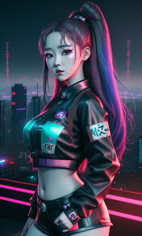 AI generated: Korean K-pop girl group G-idle, Soyeon, Yuqi, Minnie, Miyeon, Shuhua, cyberpunk, dark indigo red lig...