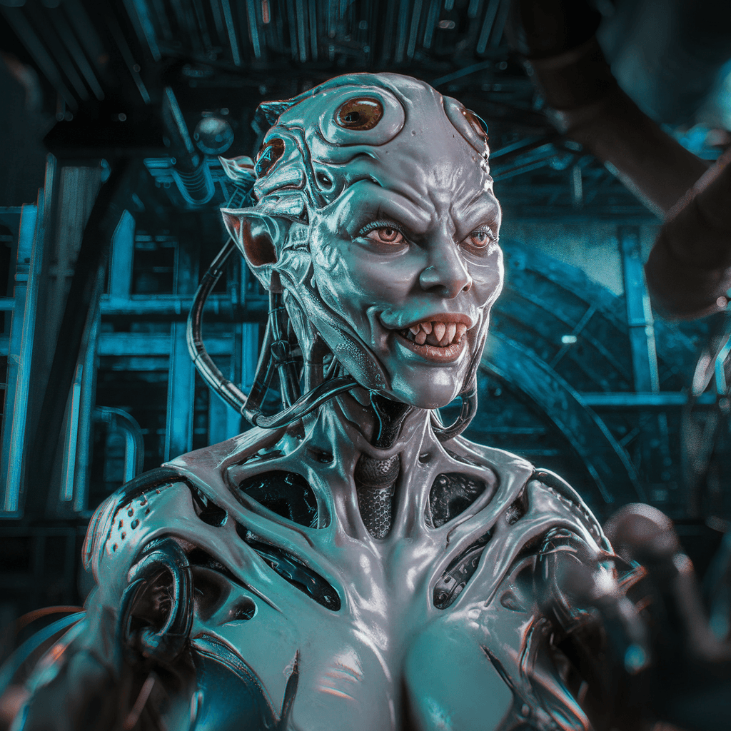AI generated: slimy,creepy female cyborg demons,different full body modelposition, high detailed cinematic backgro...