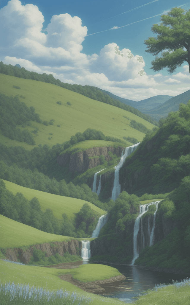 AI generated: grass, meadow, hills, summer, clouds, blue sky, oak tree, bushes, (waterfall, stream)