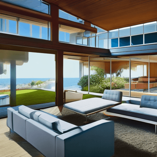 AI generated: Hyper realistic eye level exterior photo of a mid century modern style house overlooking the ocean, ...