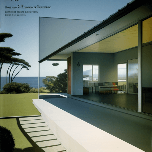 AI generated: Hyper realistic eye level exterior photo of a mid century modern style house overlooking the ocean, ...
